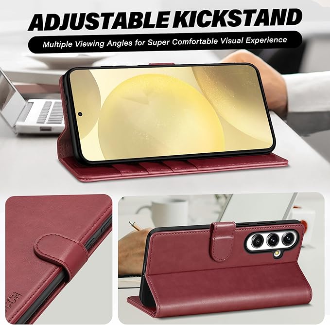 TUCCH Wallet Case for Galaxy S25 Plus 5G, Magnetic Kickstand RFID Blocking Card Slot Folio PU Leather Protective Flip Cover with TPU Shockproof Inner Case Compatible with Galaxy S25 Plus, Dark Red