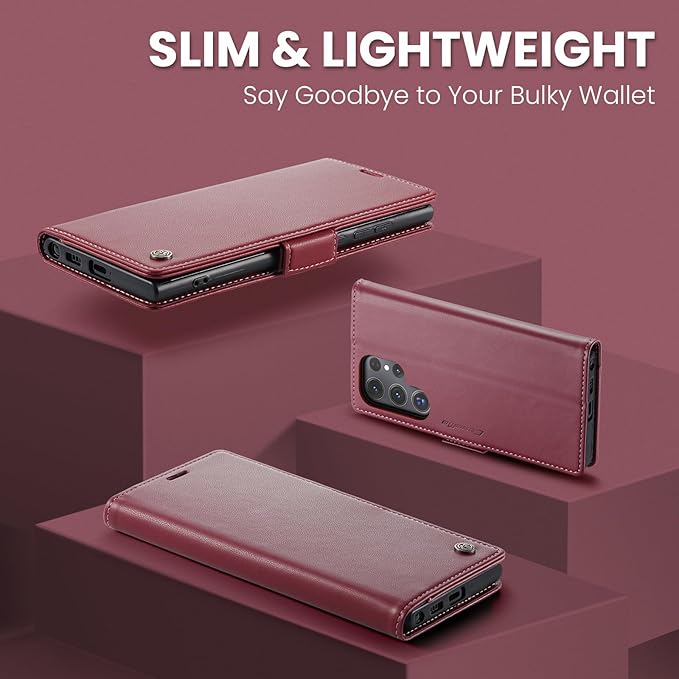 AUPAI for Samsung Galaxy S22 Ultra Wallet Case with Credit Card Holder, PU Leather RFID Blocking Folio Flip Kickstand Magnetic Clasp Protective Phone Cover for Women Men Wine Red