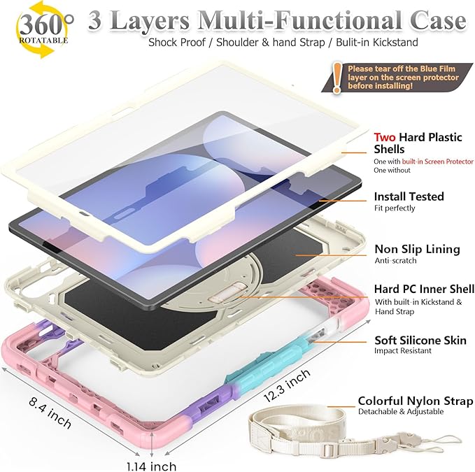 SEYMAC stock Case for Samsung Galaxy Tab S10 Plus/ S9 FE Plus/ S9+ 5G Tablet 12.4'' Case with Screen Protector Pencil Holder [360 Rotating Hand Strap] &Stand, Drop-Proof, Beige+Pink