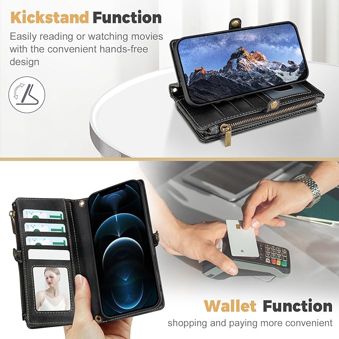 for iPhone 11 Pro Max Wallet Phone Case with 8 Card Holder,RFID Blocking | PU Leather | Kickstand | Flip | Wrist Strap&Shoulder Strap | Shockproof | Zipper Wallet | Women Men | 6.5" | Black