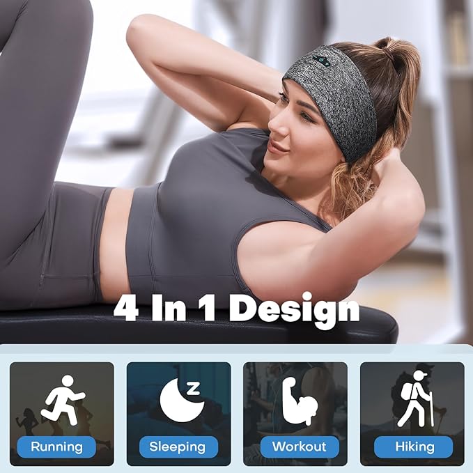 Headband Headphones Bluetooth Headband for Side Sleeper, 14 Hour Playtime, Wireless Headband with HD Stereo Speakers for Workout,Running,Yoga, Ideal Gifts for Men, Women, Teens, Grey