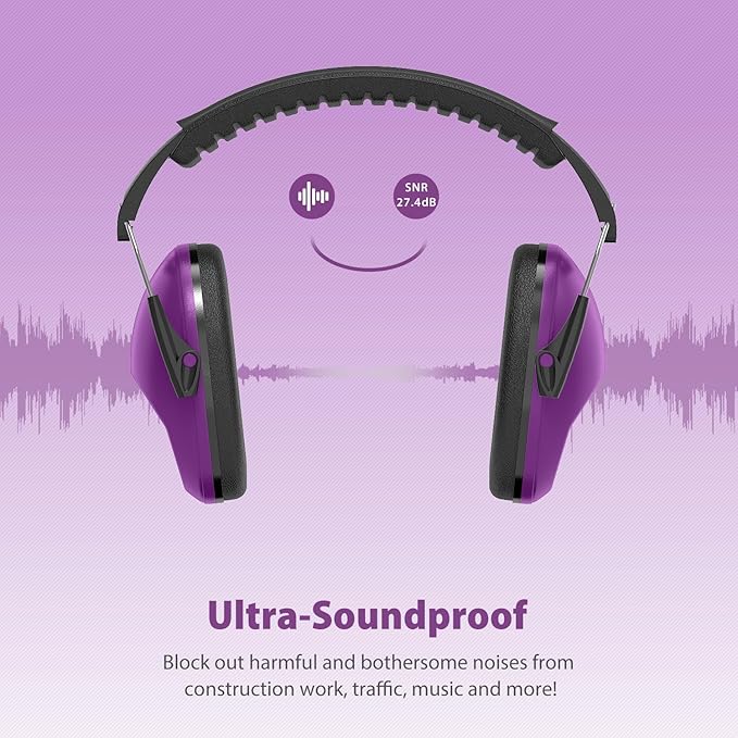 Dr.meter Ear Muffs for Noise Reduction SNR27.4 Kids Ear Protection with Adjustable Headband - Kids Noise Cancelling Headphones for Concerts, Football Game, Fireworks and Air Shows - Dark Purple