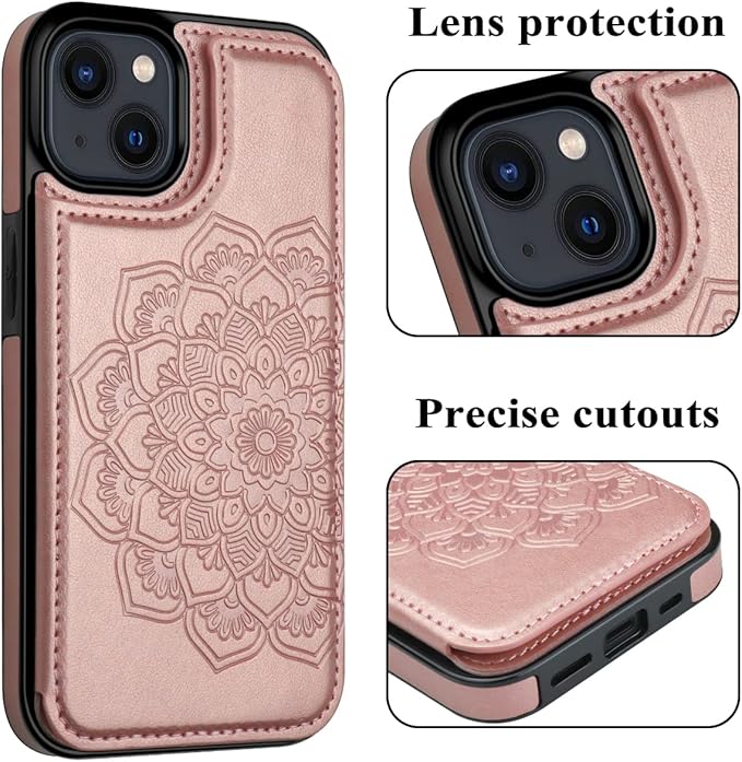 MMHUO for iPhone 14 Plus Case with Card Holder,Flower Magnetic Buttons Protective Wallet Case for Women for iPhone 14 Plus,Rose Gold