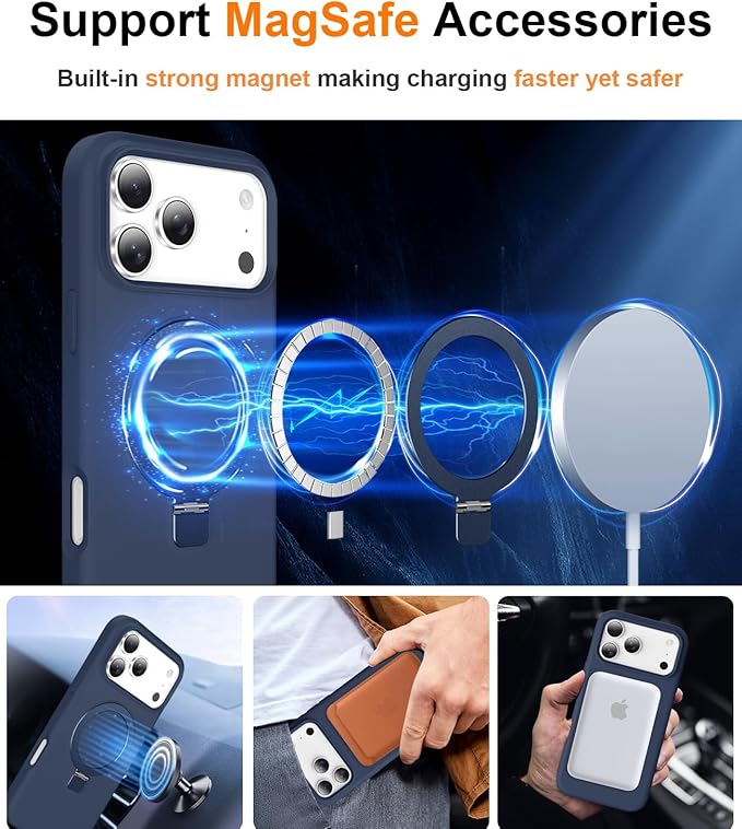 ZHK Liquid Silicone Designed for iPhone 17 Pro Case with Magnet Stand, [Precise Camera Lens Protection][Mil-Grade Drop Shockproof][Soft Anti-Scratch Microfiber Lining] Slim Fit Cover, Navy Blue