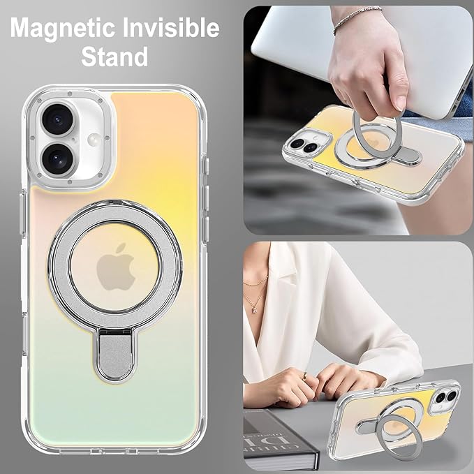MOWIME Magnetic for iPhone 17 Case with Stand [Compatible with Magsafe] [Cute Fashion Fluorescent Design] [1 Screen Protector] Slim Translucent Matte Case for iPhone 17 6.3" 2025, White