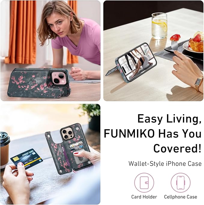 FUNMIKO for iPhone 15 Plus Wallet Case with Card Holder, RFID-Blocking, Military-Grade Protection & UV-Printed Artwork, Magnetic Closure with Leather Kickstand - Mystic Blooming Plum