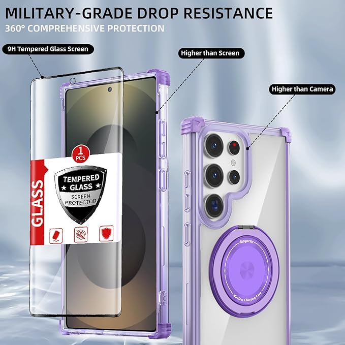 for Samsung Galaxy S25 Ultra Case Compatible with MagSafe Magnetic,with Screen Protector,with Kickstand Ring Military Grade Drop Heavy Duty Protection Shockproof for S25Ultra Phone Case Purple