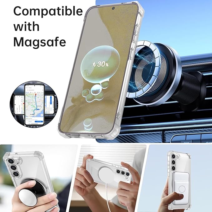 for Samsung Galaxy S22 Case Magnetic Compatible with MagSafe Wireless charging,with 360°Kickstand Ring,for S22 Phone Case with Screen Protector, Military Grade Drop Protection Shockproof Clear