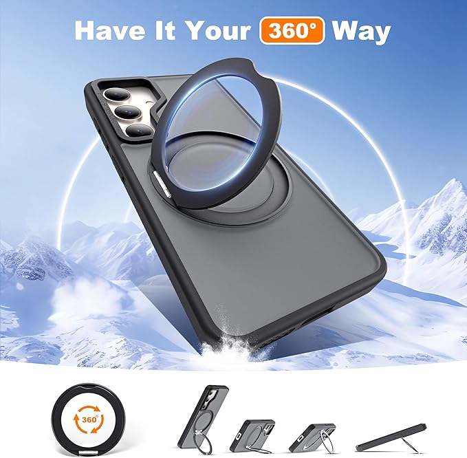 for Samsung Galaxy S23 Case with 360°Rotatable Magnetic Ring Stand Compatible with Mag-Safe Military Standard Protection Shockproof Matte Translucent Phone Cases for Samsung Galaxy S23,Black