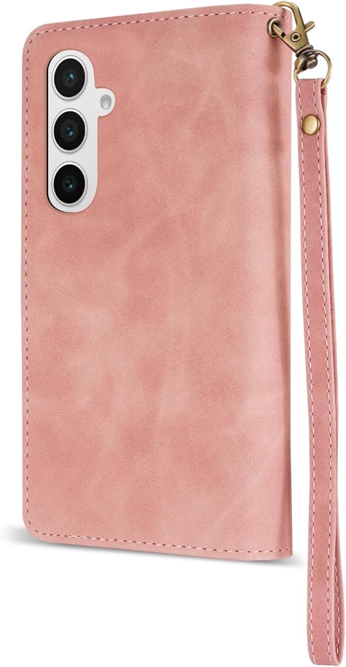 ZZXX for Samsung Galaxy S24 FE Wallet Case with RFID Blocking Card Slot PU Leather Zipper Flip Folio with Strap Kickstand Protective Cover for Samsung Galaxy S24 FE Case Wallet(Pink-6.7 inch)