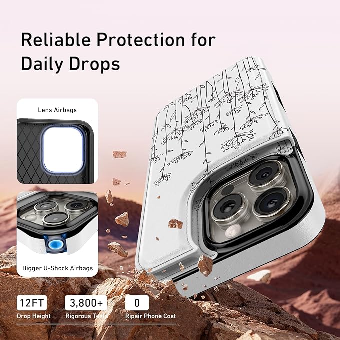 FUNMIKO for iPhone 14 Pro Max Wallet Case with Card Holder, RFID-Blocking, Military-Grade Protection & UV-Printed Artwork, Magnetic Closure with Leather Kickstand - Elegantly Sketched Flower