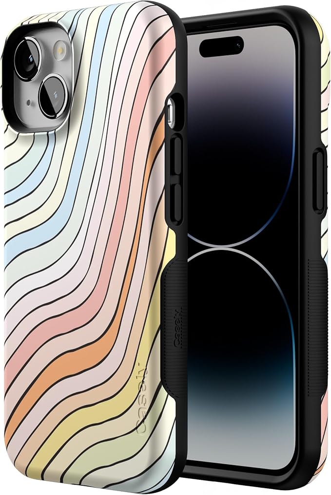 Casely iPhone 14 Case | Ride The Wave | Pastel Rainbow Lined | Compatible with MagSafe | Bold Protective Design