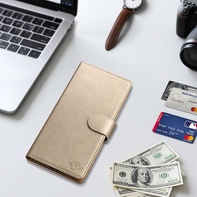 Wallet Case for Samsung Galaxy S25 5G Magnetic Flip Leather Folio Cover with RFID-Blocking Credit Card Holder, Women Men Protective Phone Case Compatible with Samsung S25, Golden