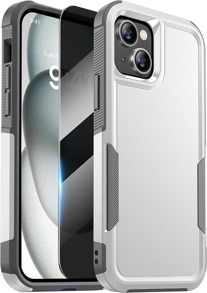 Diaclara Designed for iPhone 15 Case, [with Privacy Screen Protector] [Anti Spy] [Military Grade Drop Protection] Heavy Duty Full-Body Shockproof Phone Case, White