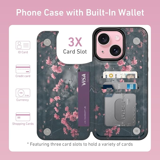 FUNMIKO for iPhone 13 Mini Wallet Case with Card Holder, RFID-Blocking, Military-Grade Protection & UV-Printed Artwork, Magnetic Closure with Leather Kickstand - Mystic Blooming Plum