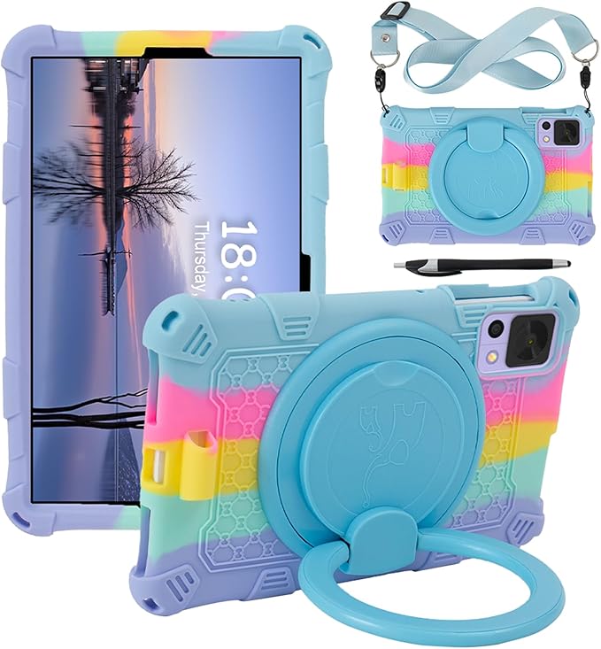 Tablet Case for ALLDOCUBE iPlay 50 Mini/60 Mini/DOOGEE T20 Mini/TCL/Samsung Galaxy 8.4 inch Soft Anti-Stress Silicone Case with Rotate Stand/Pencil Holder/Shoulder Strap/Pen (Colorful Light Blue)