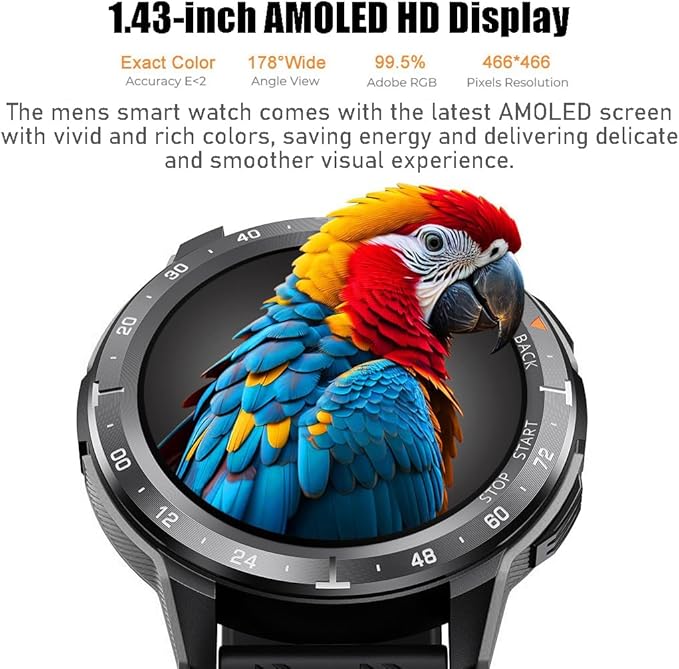 VIRAN Smart Watches for Men, 1.43'' AMOLED Fitness Watch with Pedometer and Heart Rate/Sleep/BP/Spo2 Monitor, Military Smart Watch for Android Phones and iPhone Compatible, 120+ Sports Modes (Black)