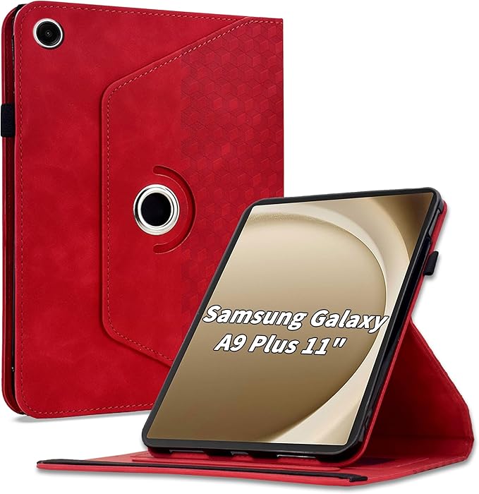 Case for Samsung Galaxy Tab A9 Plus 11" (SM-X210/X216/X218),360 Degree Rotating PU Leather Folio Protective Case with Auto Sleep/Wake,Card Holder&Shoulder Strap for Woman Man,Red