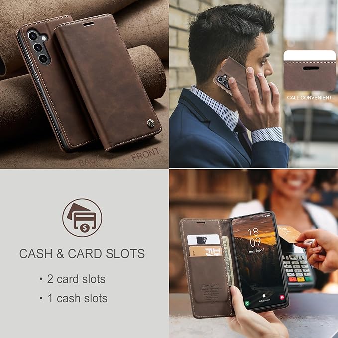 for Samsung Galaxy S24 Case, Flip Wallet Leather Case with Card Holder Magnetic Closure Shockproof Kickstand Protective Phone Cases Cover for Galaxy S24 5G 6.2 Inch,Coffee