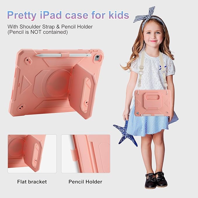 for iPad 10.2 inch Shockproof Case with 360 Rotating Grip Magic Stand, Pen Slot/Keychain/Carrying Shoulder Strap,Case for iPad 9th/8th/7th Gen