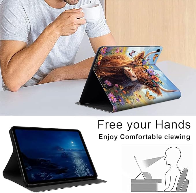 Case for Samsung Galaxy Tab A9+/A9 Plus 11” 2023 Model (SM-X210/X216/X218), Slim PU Leather Stand Cover with Auto Wake/Sleep, Multi-Angle Viewing & Shockproof, Cute Highland Cow