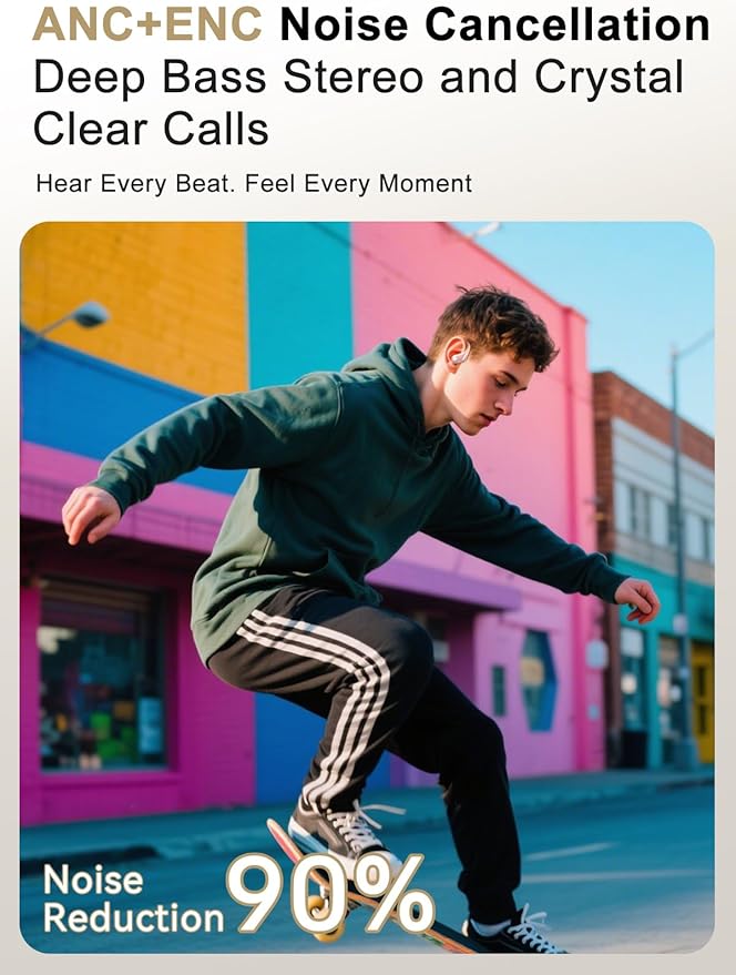 Wireless Earbuds, ENC Noise Cancelling Sport Ear Buds with Multifunctional Touch Screen, IPX7 Waterproof Bass Stereo Sound Earphone for Workout/Running, Rose Gold