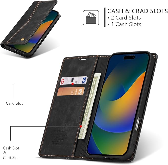 QLTYPRI for iPhone 16 Pro Case Wallet with Card Holder, Vintage PU Leather Kickstand Magnetic Closure Shockproof Folio Book Cover Case for iPhone 16 Pro - Retro Black