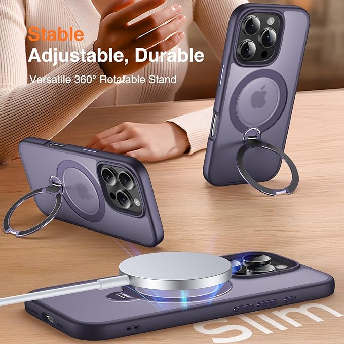 360° O-Ring MagStander for iPhone 16 Pro Case with Magnetic Kickstand Ring Holder [Compatible with MagSafe][360°Rotate Stand Ring][Military Shockproof] iPhone 16 Pro Phone Cover Matte Purple