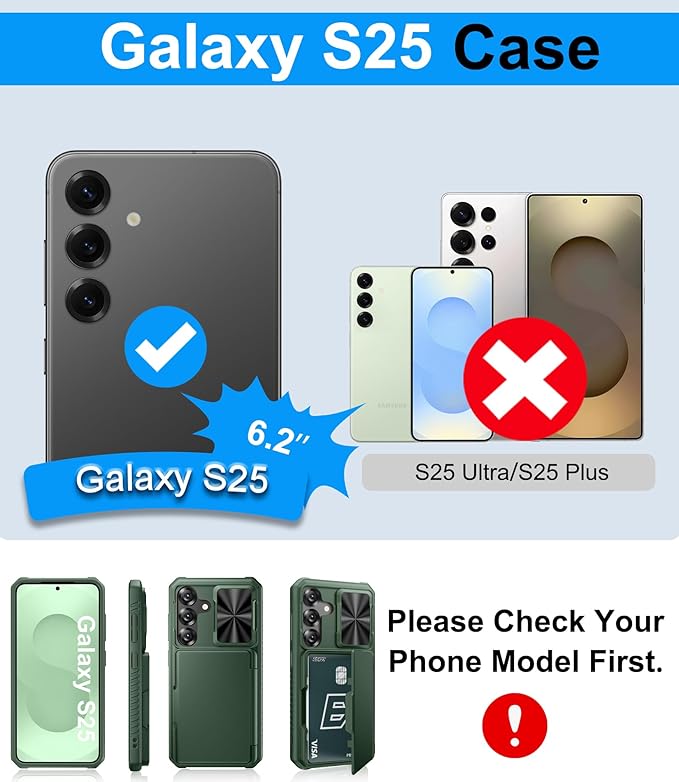 Multifuncional Case for Samsung Galaxy S25, Card Holder (4-5 Cards), RFID Block, Slide Lens Cover, Military Grade Drop Protection, Heavy Duty Men Women Wallet Phone Case for Samsung S25, Green