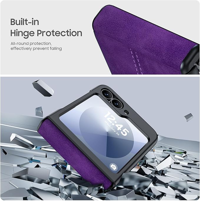 for Samsung Galaxy Z Flip 6 Case/Z Flip 7 FE Case with Hinge Protection & Built-in Screen Protector, Ultra Thin Leather Shockproof Cover Phone Case for Galaxy Z Flip 6/Z Flip 7 FE-Purple