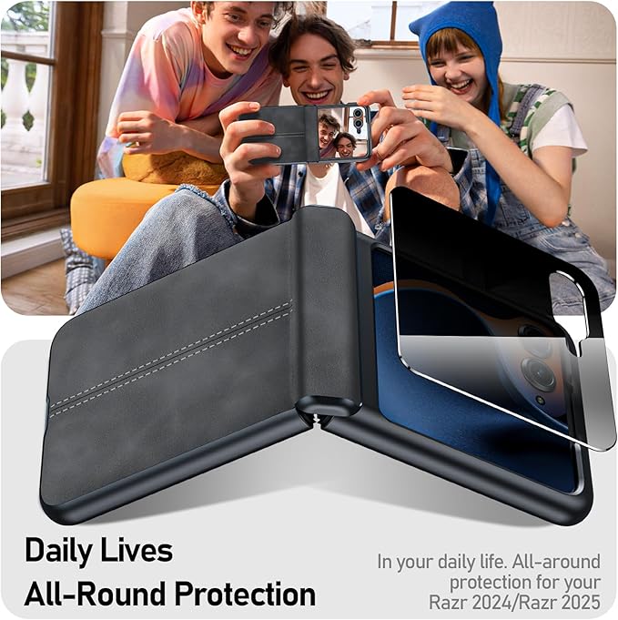 for Motorola Razr 2025 Case/Razr 2024 Case, Built-in Privacy Screen Protector & Hinge Protection & Ultra Thin PU Leather PC Shockproof Phone Cover Smartphone Case for Moto Razr 2025/2024 (Black)
