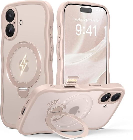 for iPhone 16 Case, [Compatible with Magsafe][360° Spin Magnetic Stand][Military-Grade Protection][Camera Control][Cute Wave Edge] Translucent Matte Women Phone Cover for iPhone 16, Rose Gold