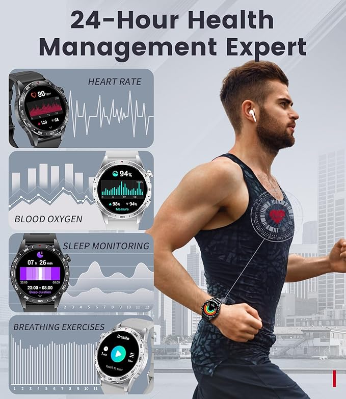 Smart Watch for Men (3 Straps),Answer/Make Calls,1.43'' AMOLED,IP68 Waterproof,110+ Sports Modes Fitness Watch with Sleep Monitor/SpO2/Heart Rate/Pedometer Rugged Outdoor Smart Watch for Android/iOS