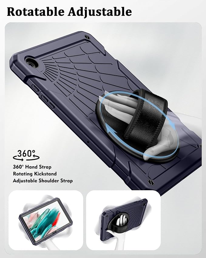 Case for Samsung Galaxy Tab A9 8.7 Inch 2023, 360° Rotating Stand, Hand Strap&Shoulder Strap Case for Samsung A9 Tablet(SM-X110/X115/X117) (Blue)