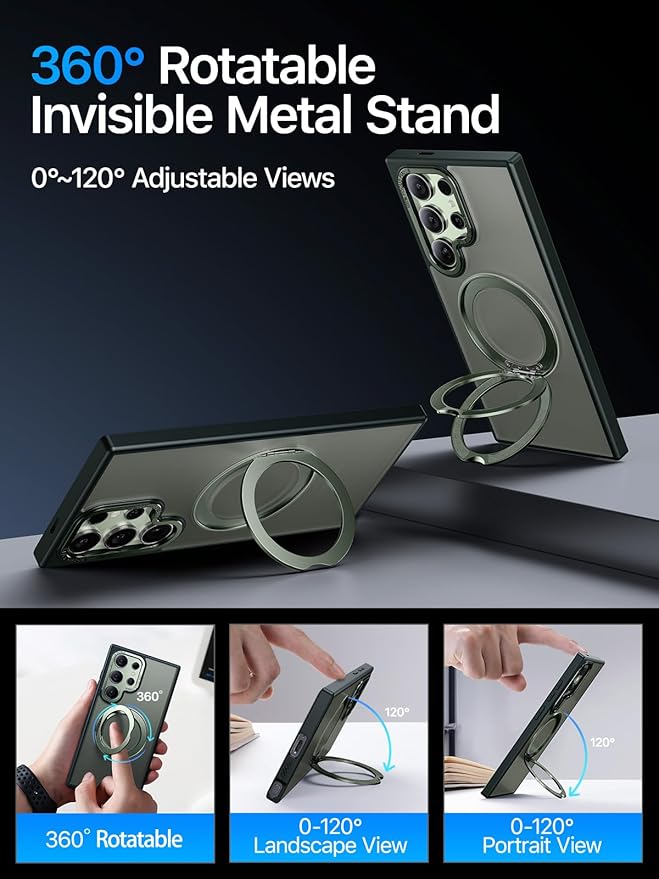 QTlier Phone case for Galaxy S24 Ultra- 360 Rotatable Magnetic Ring Stand, Military-Grade Protection, Raised Camera Frame Green