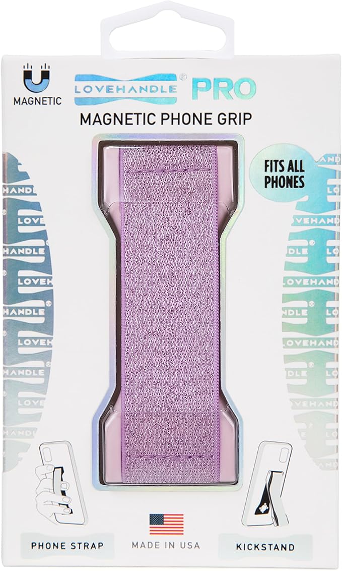 LOVEHANDLE PRO Premium Phone Grip - Elastic Phone Strap - Magnetic Phone Mount and Kickstand for Smartphone and Tablet - Pink Glitter