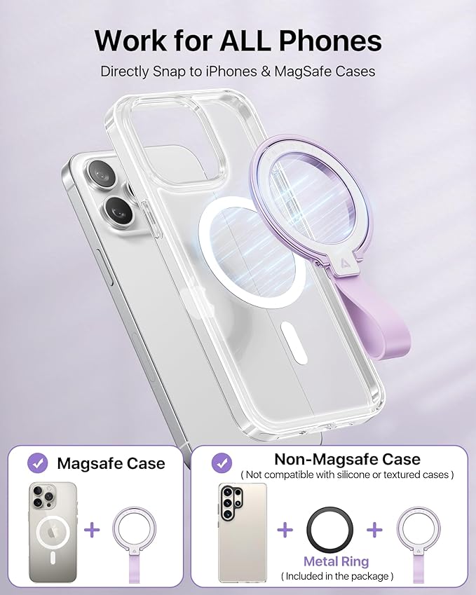 andobil [2025 Unrivaled Stability] Magnetic Phone Grip Holder for MagSafe Ring Stand Holder Kickstand Compatible with MagSafe Accessories for iPhone 17 Air 16 Pro Max Plus 15 14 13 12&Android, Purple