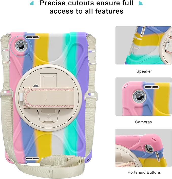 ProCase Rugged Case for Lenovo Tab One/K9 8.7 Inch 2025, Heavy Duty Shockproof Rugged Protective Cover Rotating Kickstand with Handle Holder Shoulder Strap for Lenovo Tab One/K9 -Colorful