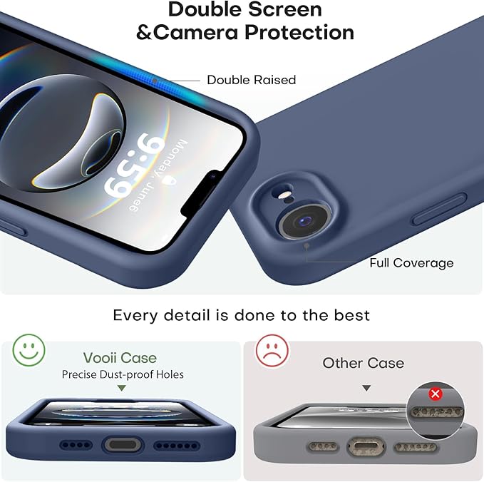 Vooii Compatible with iPhone 16e Case, Liquid Silicone Upgrade [Camera Protection] [Soft Anti-Scratch Microfiber Lining] Shockproof Phone Case for iPhone 16e 6.1 inch - Navy Blue