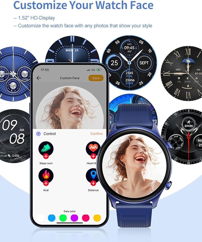 RIVERSONG Smartwatch for Men Women (Answer/Make Call), 1.52" Fitness Watch with Monitor Tracker for Health Fitness (Heart Rate/Sleep/Blood Oxygen), AI Voice, Smart Watch for Android iPhone, Navy Blue