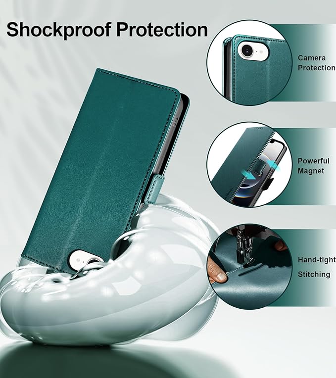 Wallet Flip Case for iPhone 16E 5G - [RFID Blocking] Luxury PU Leather Card Holder Magnetic Phone Cover with Kickstand,Shockproof Protective Case,Green