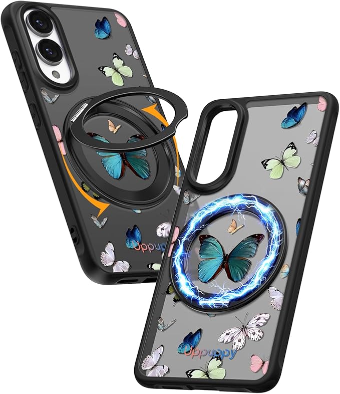 for Samsung Galaxy S25 Edge Case with 360° Rotatable Magnetic Ring - Compatible with MagSafe, Semi-Transparent Soft-Touch Material Shockproof, Cute Butterfly Design for Women Girl