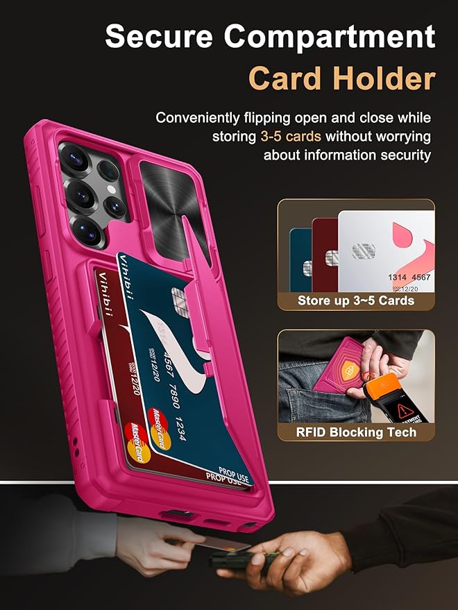 Vihibii for Samsung Galaxy S25 Ultra Wallet Case with Card Holder (4 Cards), [RFID Blocking] & Slide Camera Cover & Raise Screen Edges, Hard Back Phone Cover for Samsung Galaxy S25 Ultra, Hot Pink