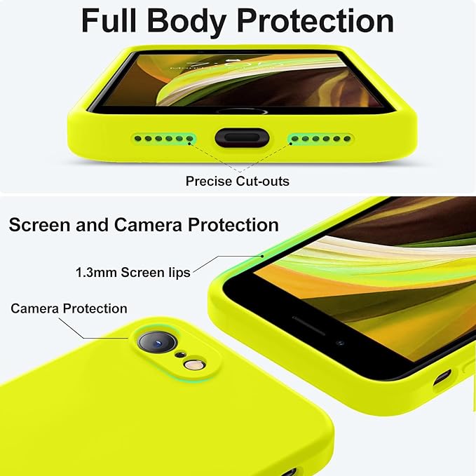 Vooii for iPhone SE Case 2022/3rd/2020,iPhone 8/7 Case, Upgraded Liquid Silicone with [Flat Edges] [Camera Protection] [Soft Anti-Scratch Microfiber Lining] Phone Case for iPhone SE - Neon Lemon