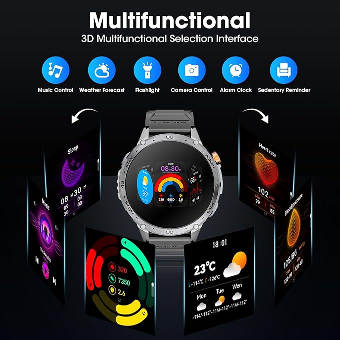 Military Smart Watch for Men 1.75" HD AMOLED Display 730mAh Battery Smart Watches with LED Flashlight for Android iOS（Bluetooth Call Answer/Dial Calls） Fitness Tracker with Heart Rate