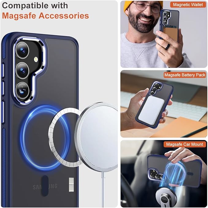 Magnetic Designed for Samsung Galaxy S24 Case 6.2" Compatible with MagSafe, Anti-Slip Edge Military Grade Drop Tested Hard Back Protective Translucent Case for Samsung S24 Case (Darkblue)