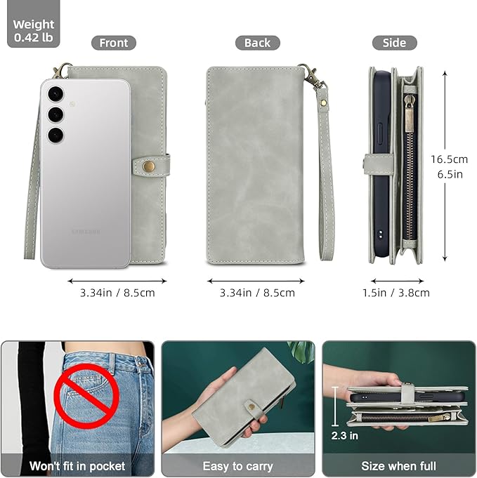 TwoHead for Samsung Galaxy S24 Plus Wallet Case with Card Holder,Detachable Magnetic Phone Case for Galaxy S24 Plus,PU Leather All-Round Protective Phone Cover Wallet with Strap(6.6 in,Gray)