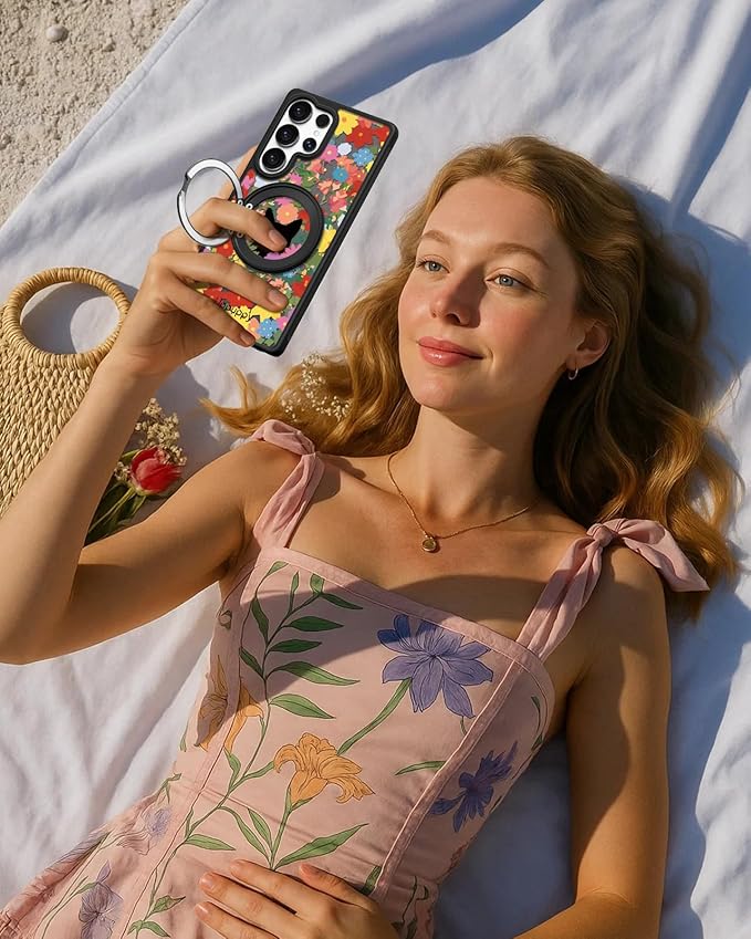 for Samsung Galaxy S25 Ultra Case with 360° Rotatable Magnetic Ring - Compatible with MagSafe, Semi-Transparent Soft-Touch Material Shockproof, Cute Black Cat & Flower Design for Women Girl