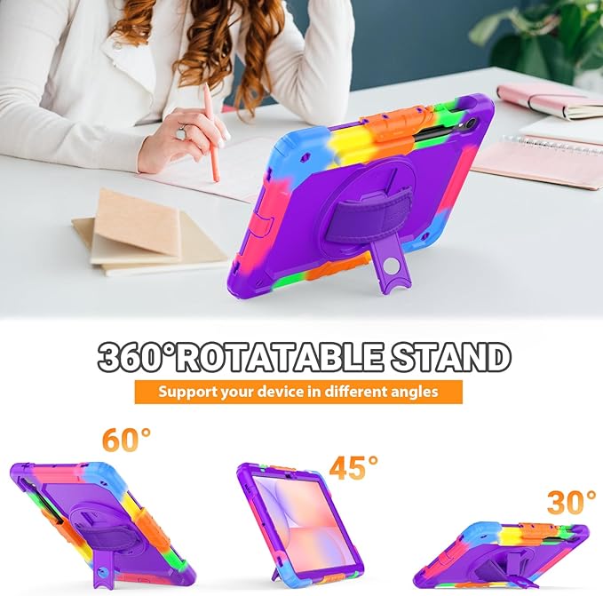 SEYMAC Case for Samsung Galaxy Tab S10 Lite/ S10 FE/ S9 FE/ S9 5G (10.9''/11''), Heavy Duty Shockproof Protective Case with Screen Protector, Rotating Stand, Hand Strap and Pen Holder, Purple