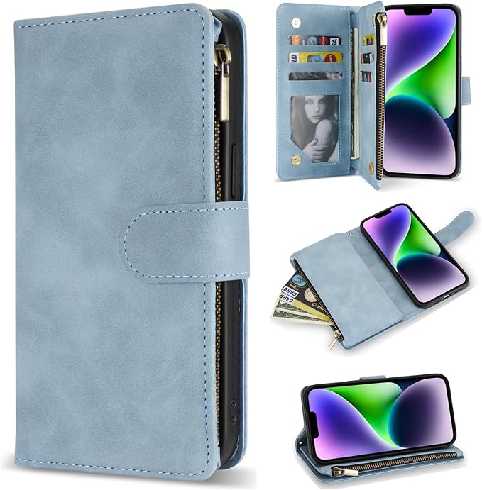 ZZXX for iPhone 14 Plus Case Wallet with [RFID Blocking] Card Slot Premium PU Leather Zipper Flip Folio with Wrist Strap Kickstand Protective Cover for iPhone 14 Plus Wallet Case(Light Blue-6.7 inch)